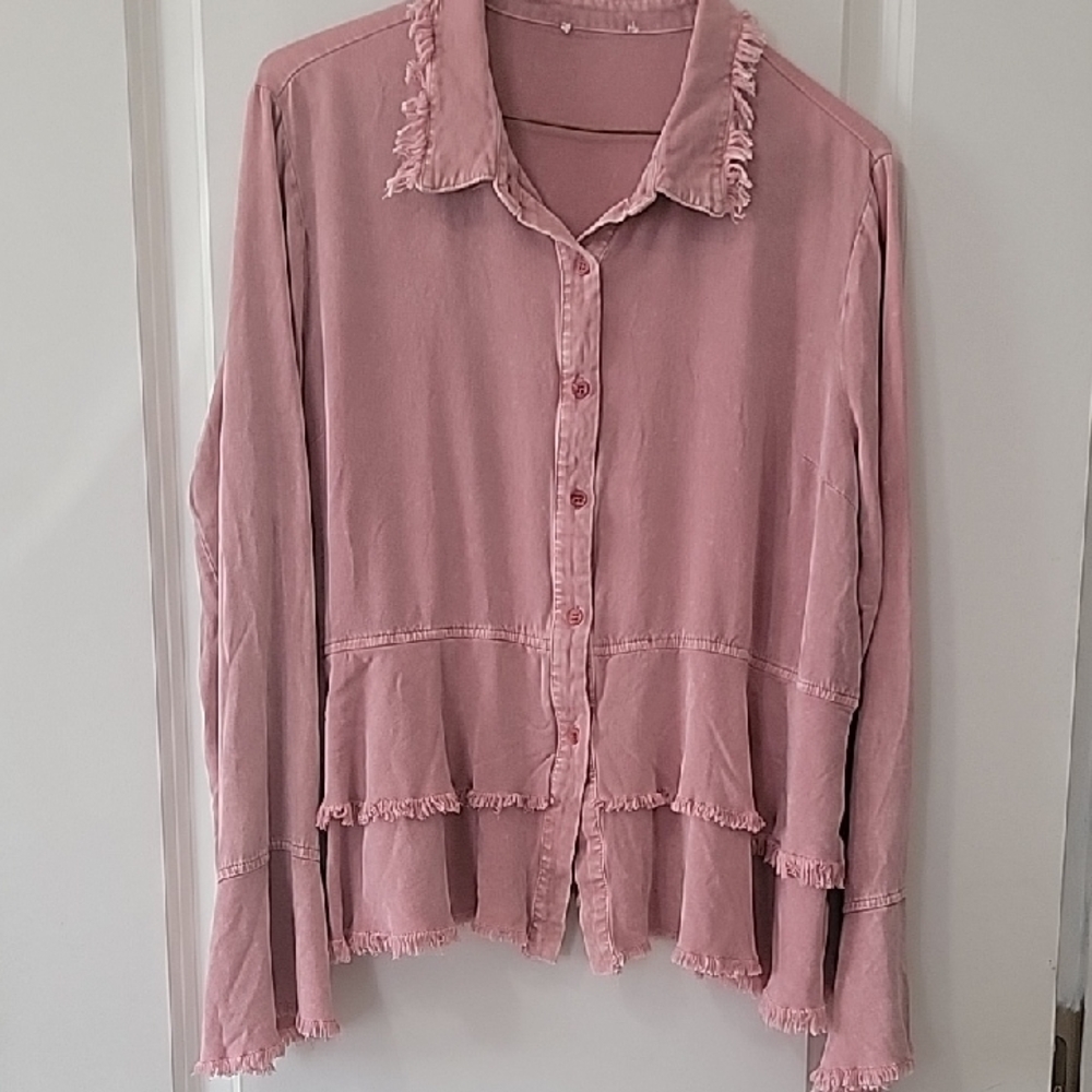 Anthropologie Pink Frayed Button-Down Shirt